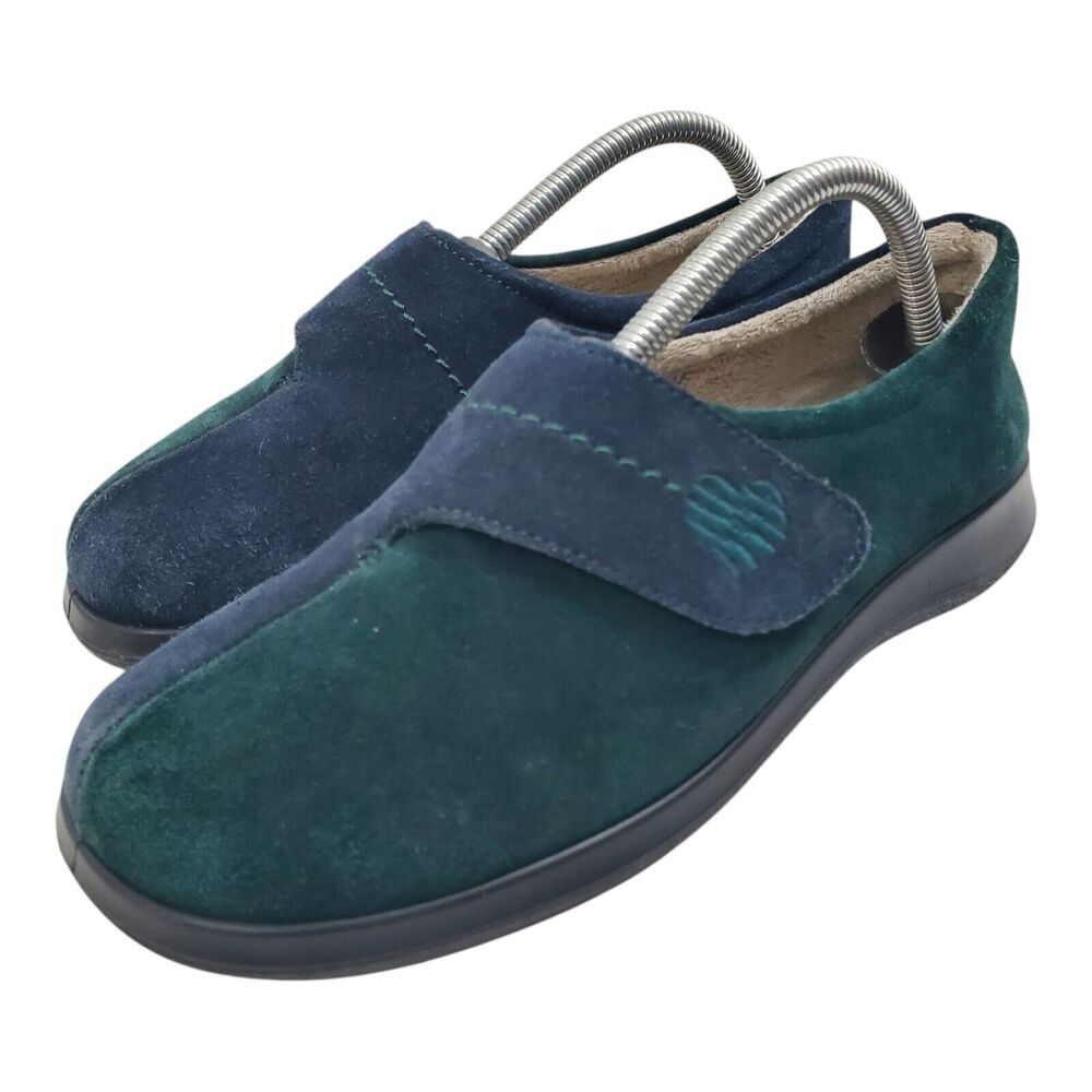 HOTTER Shoes Women Size 9 Blue Green Two Tone Slip On Faux Fur Lined Loafer Boho